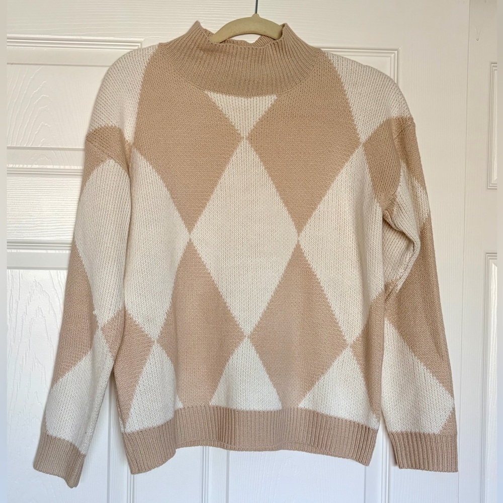 Mockneck Cream and Khaki Checker Knit Sweater — Size Small